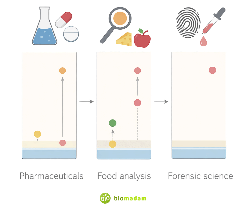 Applications of thin layer chromatography in pharmaceuticals, food analysis, and forensic science