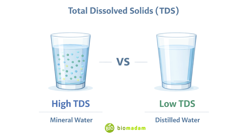 Infographic illustrating Total Dissolved Solids concept with mineral water labeled high TDS and distilled water labeled low TDS