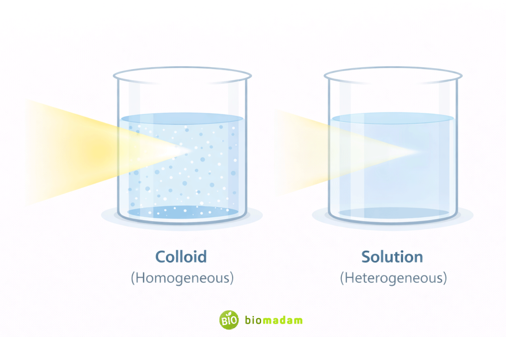 Illustration showing light scattering in colloid compared to light passing through clear solution