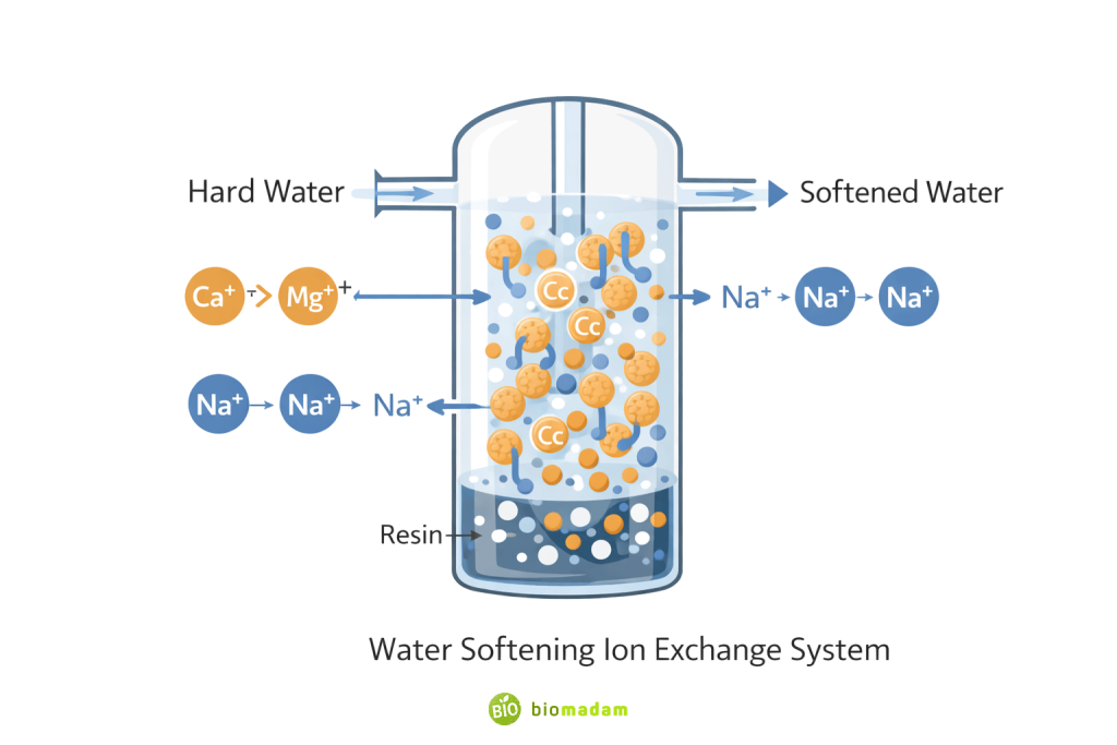 Illustration of water softening ion exchange resin tank removing calcium and magnesium