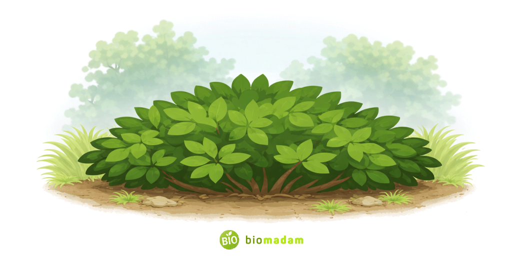 dense bush plant with many low branches growing close to the ground