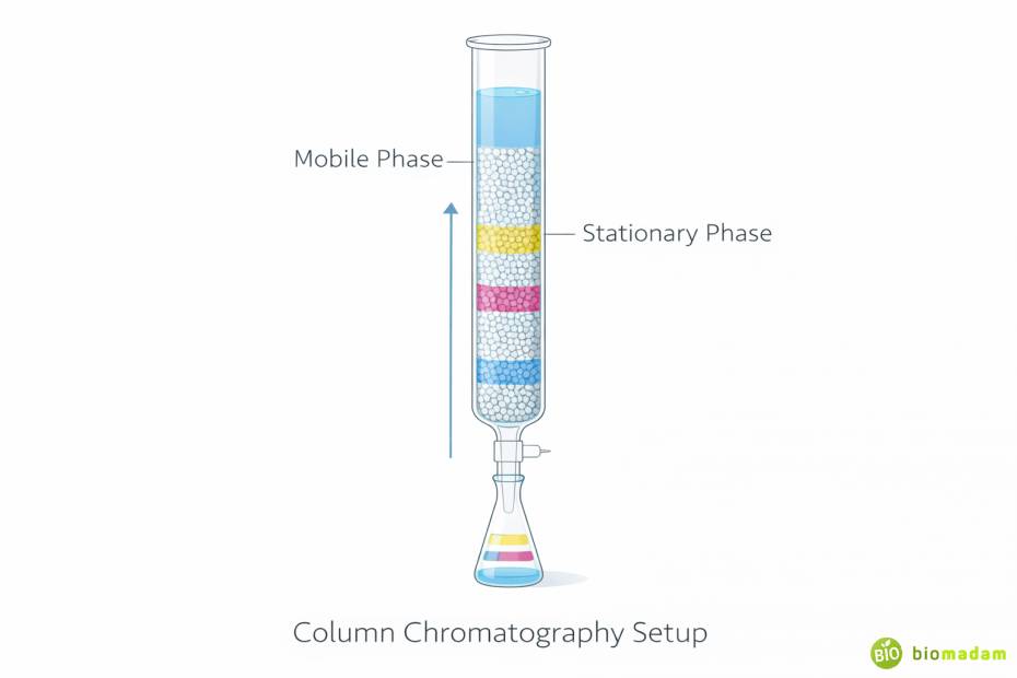 Diagram of column chromatography setup showing stationary phase, mobile phase, and separated bands