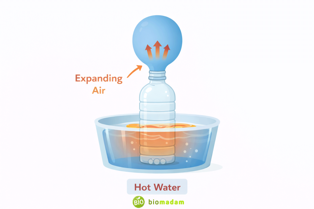 Simple experiment showing balloon inflating when warm air expands in a bottle