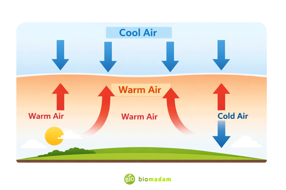 Diagram showing hot air rising and cold air sinking due to density differences