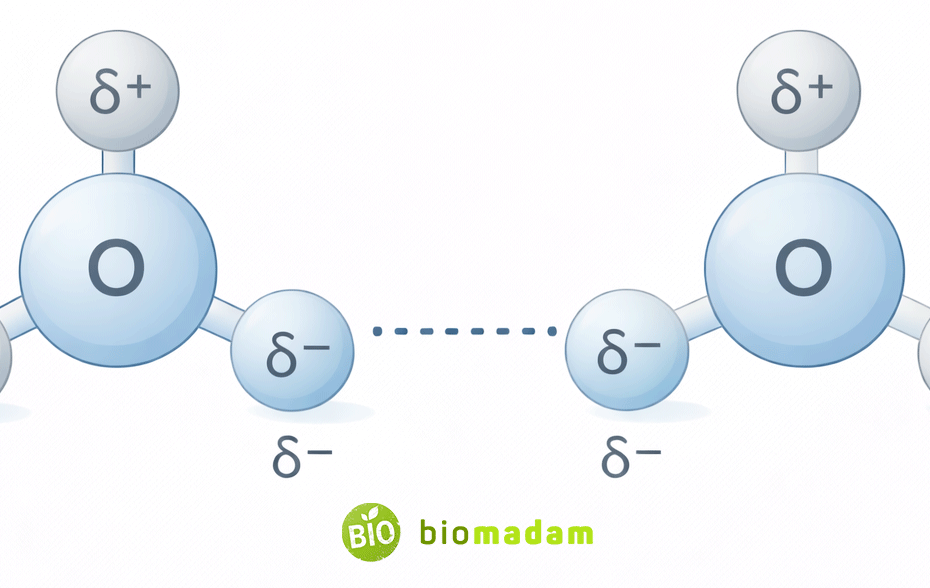 Diagram showing hydrogen bond formation between water molecules with partial charges and dotted hydrogen bond interaction
