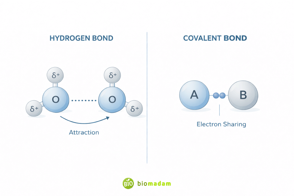 ducational comparison diagram showing hydrogen bond attraction between molecules versus covalent bond electron sharing