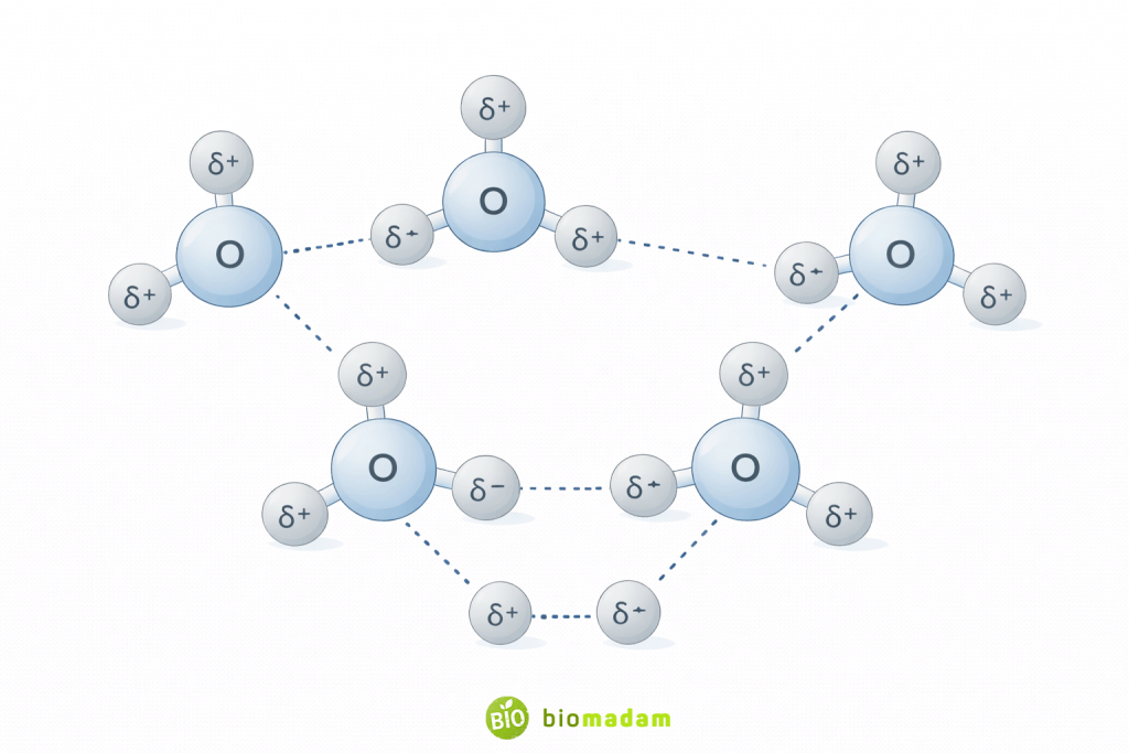 Illustration showing hydrogen bonding network between multiple water molecules forming intermolecular hydrogen bonds