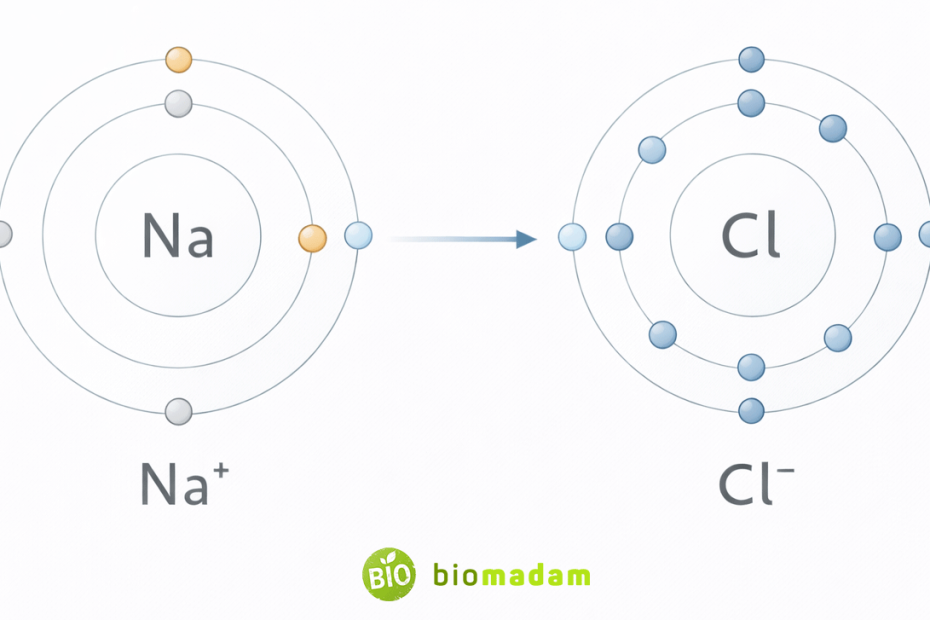 Diagram showing electron transfer from sodium to chlorine forming Na+ and Cl- ions