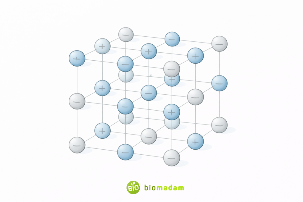 Three-dimensional ionic lattice structure showing alternating positive and negative ions