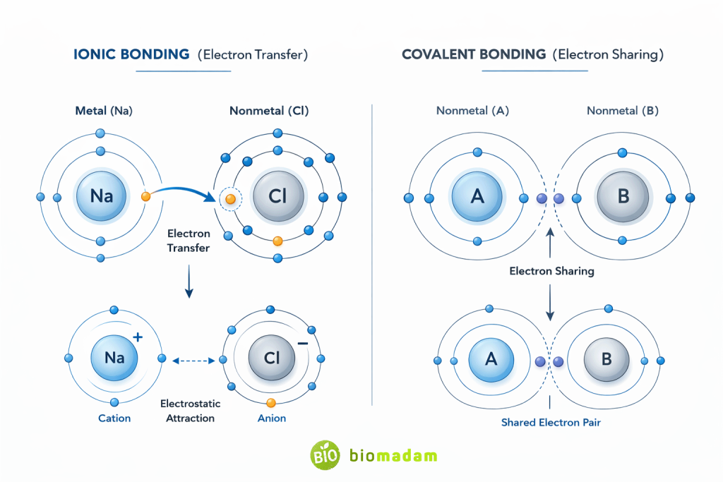 Side-by-side comparison diagram showing electron transfer in ionic bond and electron sharing in covalent bond