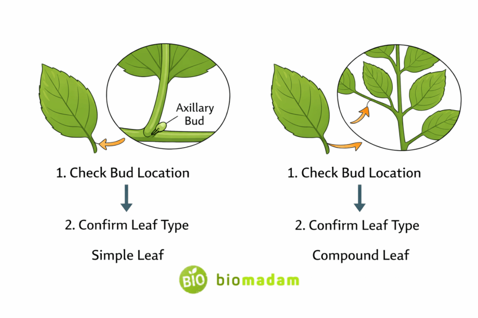 close up process diagram showing how bud position confirms simple vs compound leaf identification
