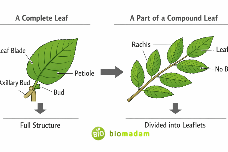 diagram explaining difference between leaf and leaflet structure with bud and attachment points