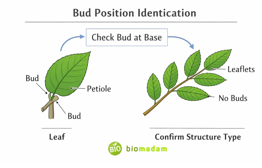 close up diagram explaining how bud position helps identify leaf and leaflet