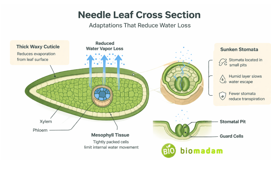 diagram showing thick cuticle and sunken stomata in needle leaf reducing water loss