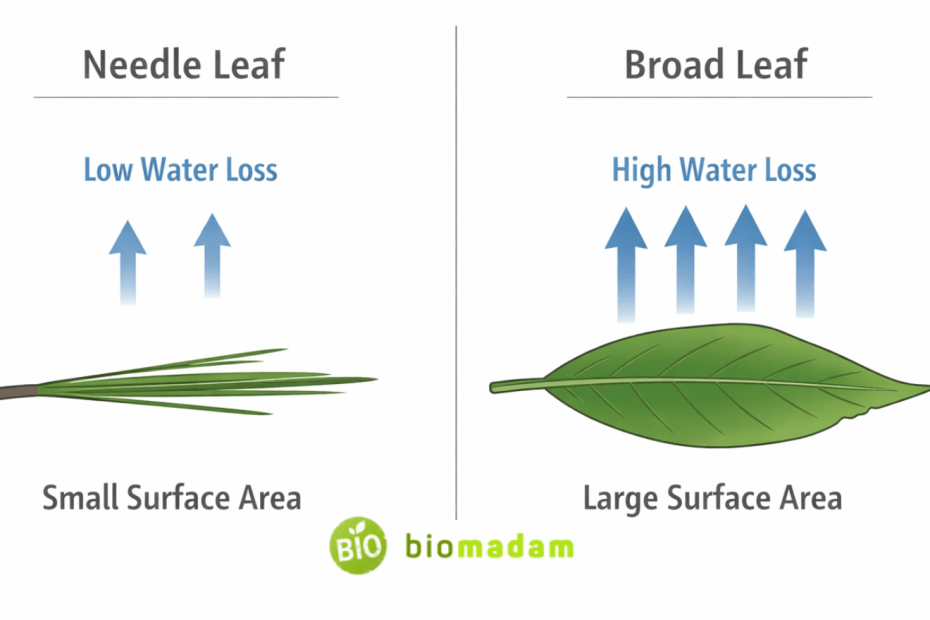 comparison diagram showing needle leaf and broad leaf surface area and water loss difference