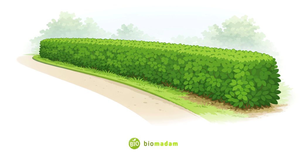 garden hedge formed by closely planted shrubs and bushes