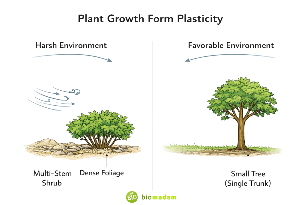 illustration showing how some plant species can grow as a shrub in harsh environments and as a small tree in favorable conditions