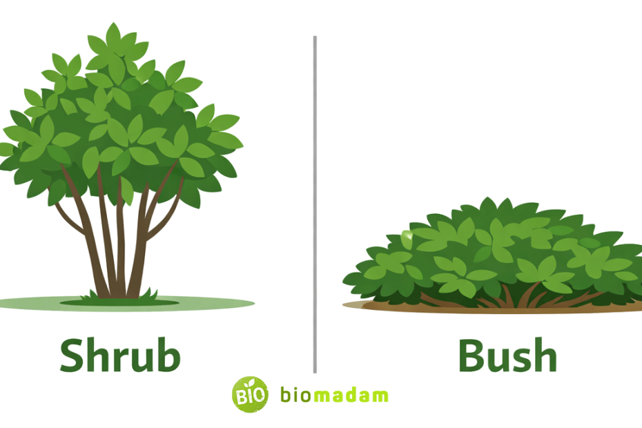 visual comparison showing the structural difference between a shrub and a bush