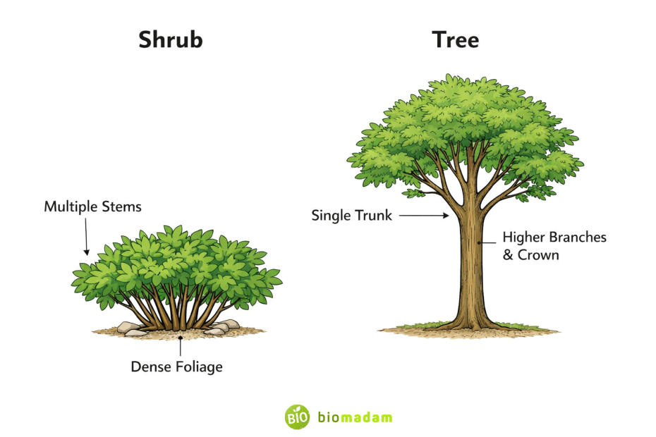 diagram showing structural difference between a shrub with multiple stems and a tree with a single trunk