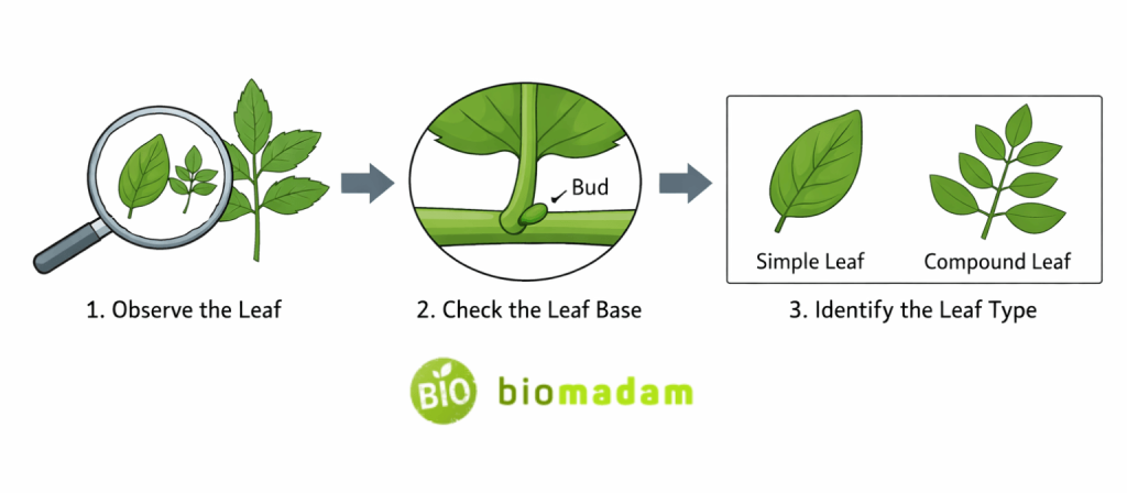 step by step process diagram showing how to identify leaf type by checking bud position at leaf base