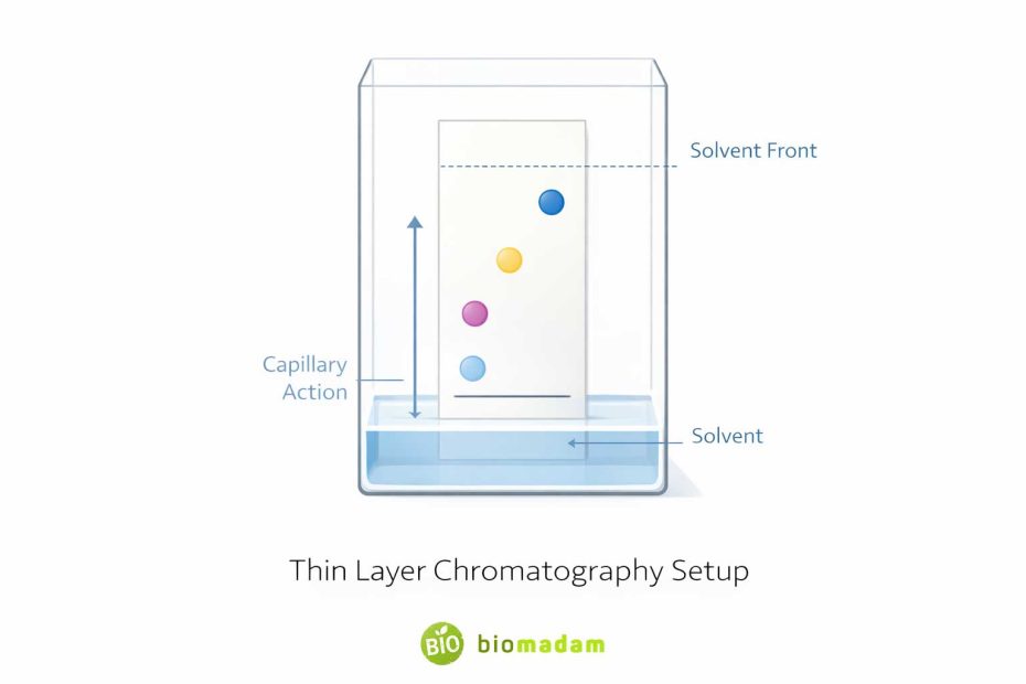 Diagram showing TLC plate in solvent chamber with separated spots and solvent front