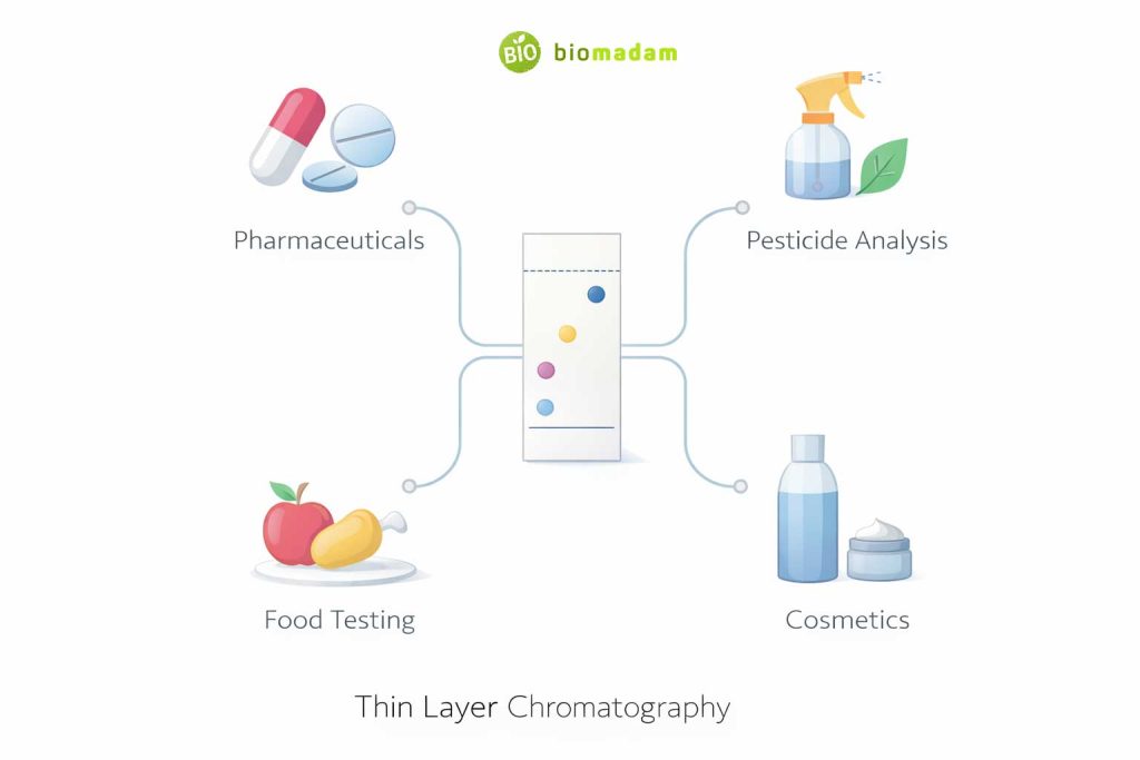 Infographic showing TLC applications in pharmaceuticals, food testing, pesticide analysis, and cosmetics industry