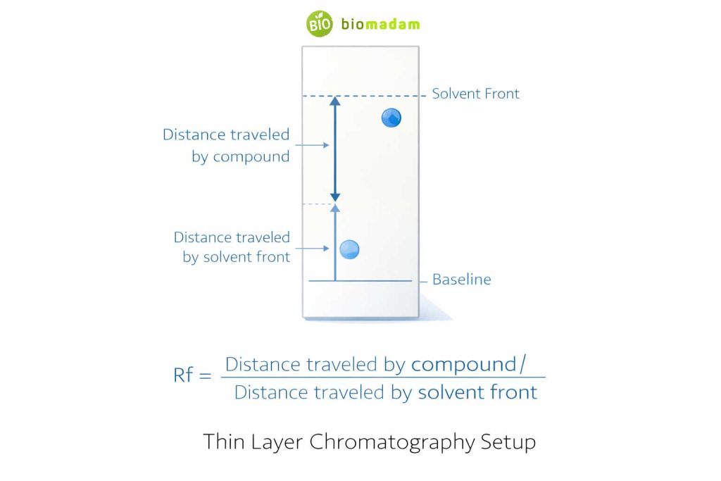 Illustration showing calculation of Rf value with solvent front distance and compound distance marked