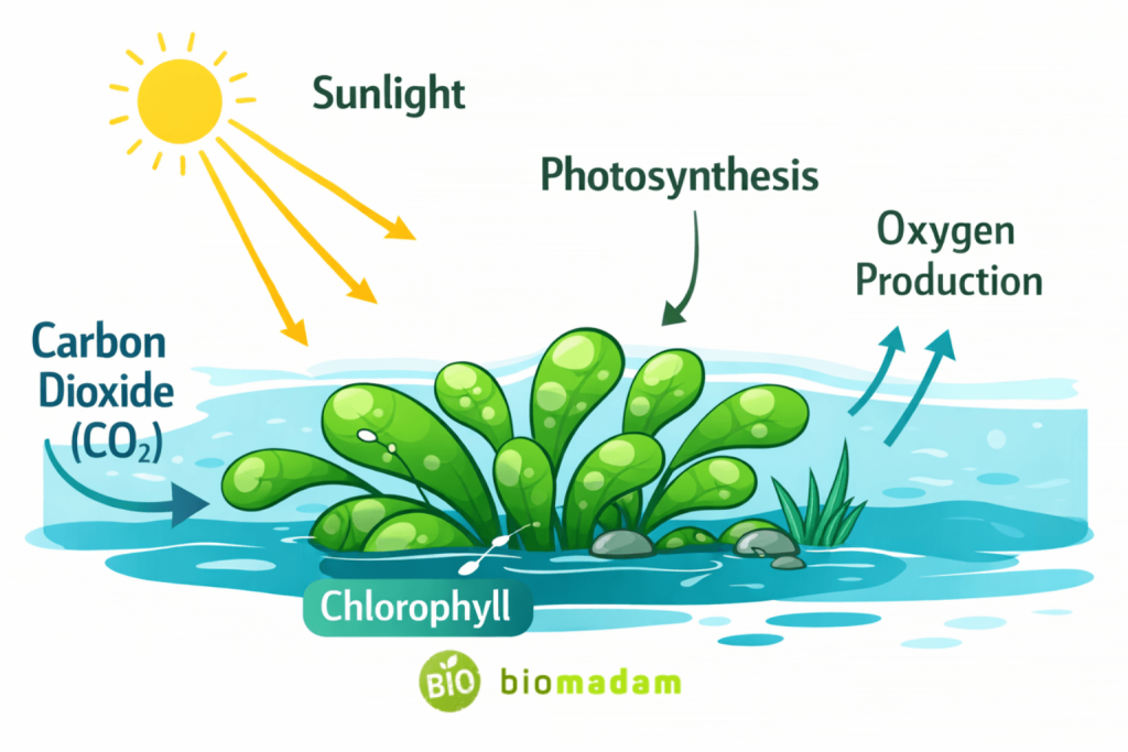 diagram showing algae performing photosynthesis with sunlight carbon dioxide and oxygen release