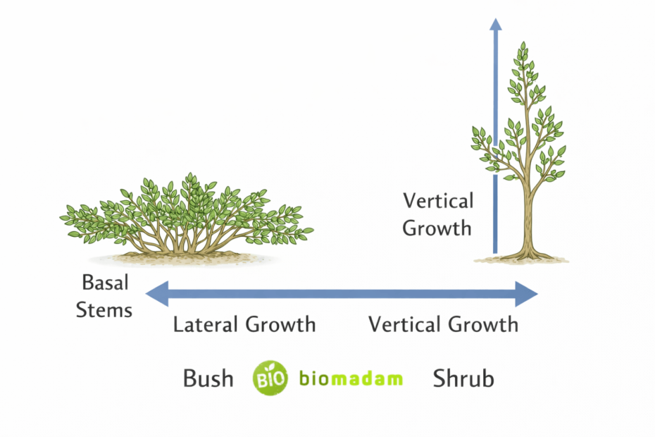 diagram showing bush growing wider with multiple basal stems and shrub growing taller with vertical branching