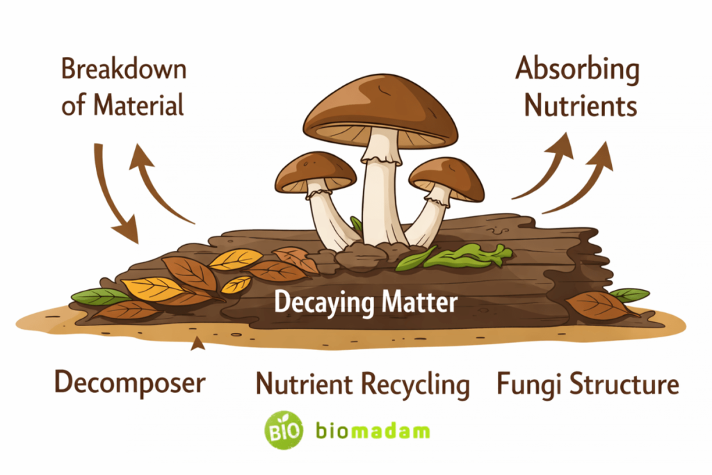 diagram showing fungi decomposing organic matter and absorbing nutrients from dead material