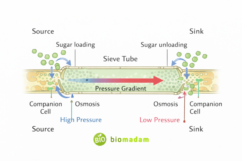 diagram explaining pressure flow mechanism in phloem showing high pressure at source and low pressure at sink