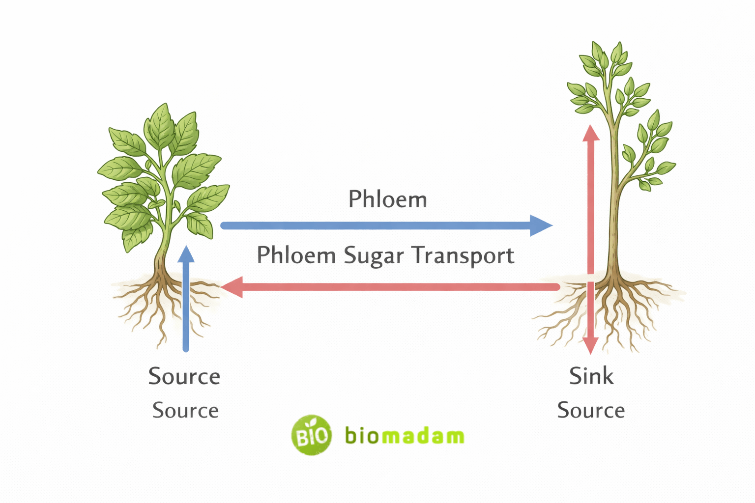 diagram showing phloem transport from source to sink in both upward and downward directions