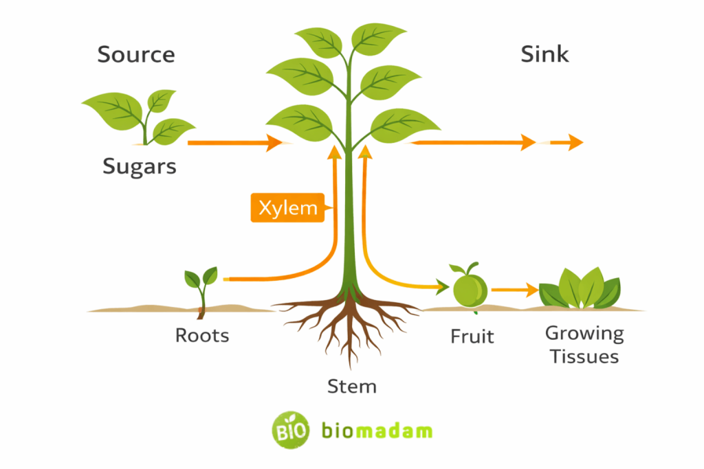 horizontal diagram showing phloem transporting sugars from leaves to roots fruits and growing tissues labeled source and sink