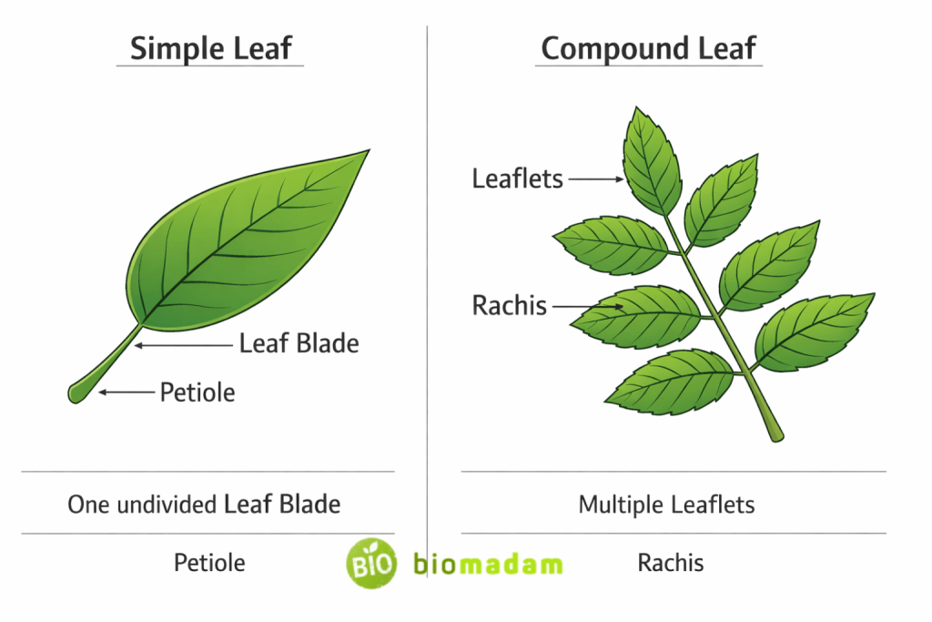 comparison diagram showing simple leaf with single blade and compound leaf with multiple leaflets