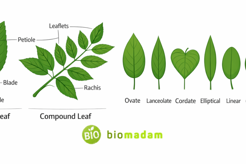 diagram showing different types of leaves including simple compound and various leaf shapes