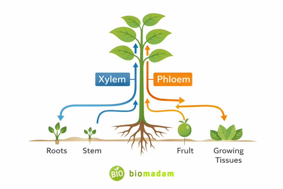 horizontal diagram showing xylem and phloem transport in plants with water moving upward and sugars moving throughout the plant
