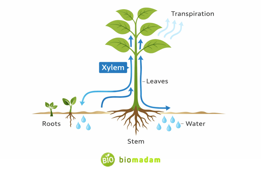 horizontal diagram illustrating xylem transporting water upward from roots to leaves through transpiration pull