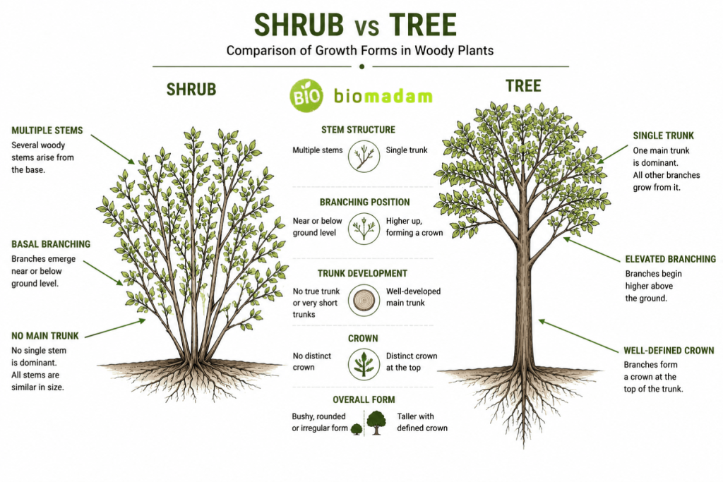 diagram comparing shrub and tree growth forms used in botanical classification