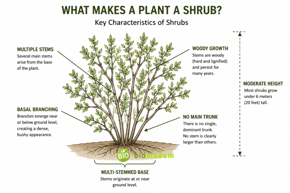 botanical diagram showing key characteristics used to classify a plant as a shrub