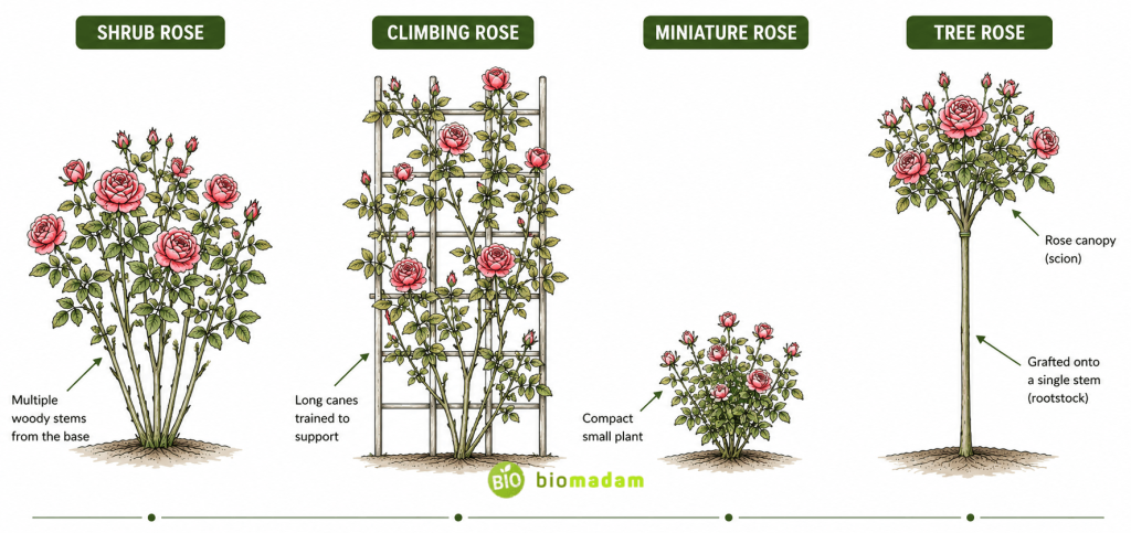 illustration showing different growth forms of rose plants including shrub rose climbing rose miniature rose and tree rose