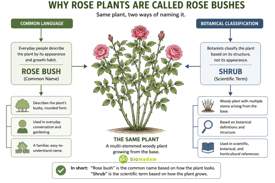 diagram explaining why rose plants are commonly called rose bushes even though they are botanically classified as shrubs