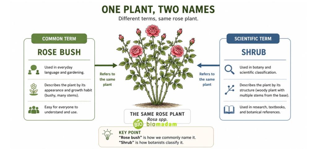 diagram comparing the everyday term rose bush with the scientific term shrub for the same rose plant